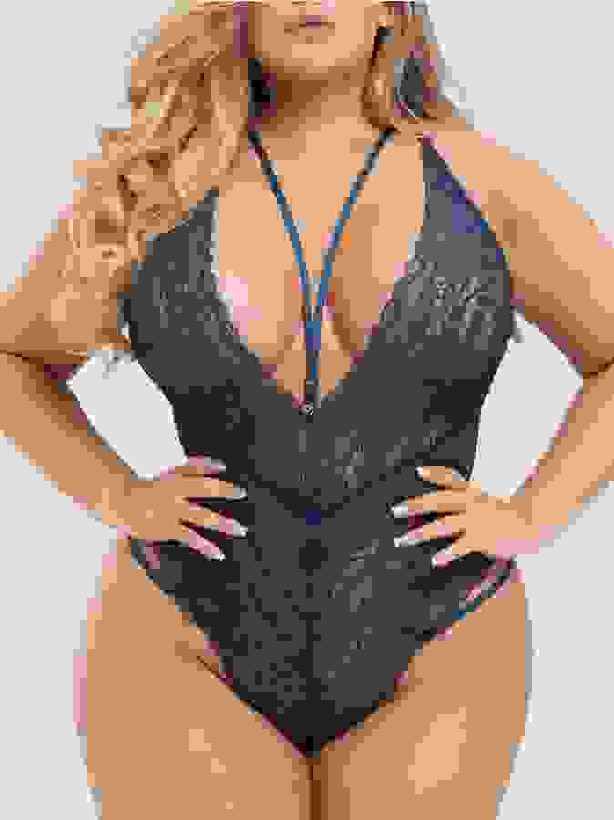 Lovehoney Plus Size Late Night Liaison Blue Lace Body, Navy, hi-res